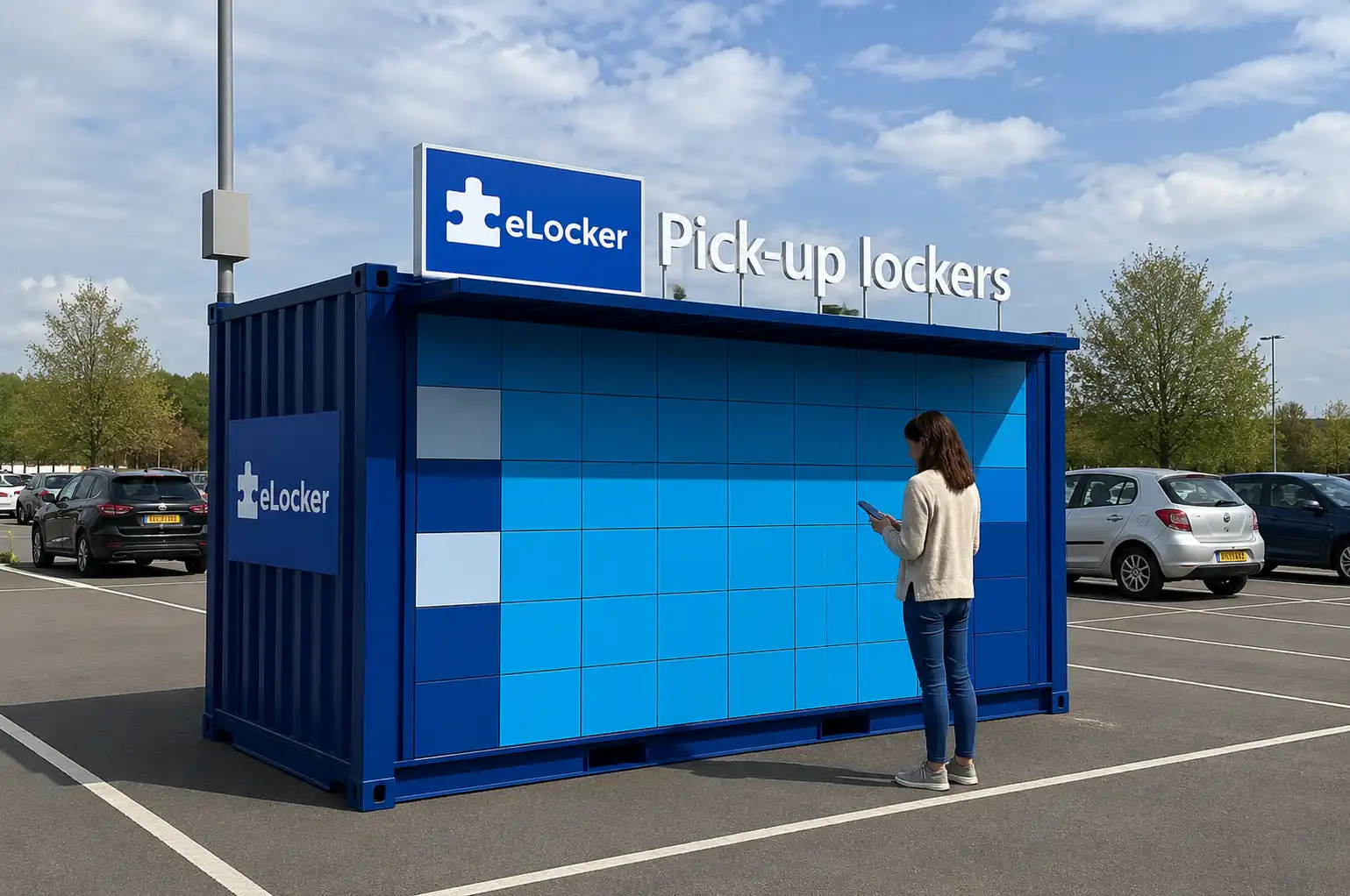A customer collecting from a freestanding eLocker outdoor pick-up unit in an open car park, using their phone
